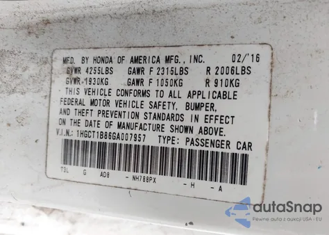 2016 Honda Accord Ex-L from USA, damaged, VIN 1HGCT1B86GA007957